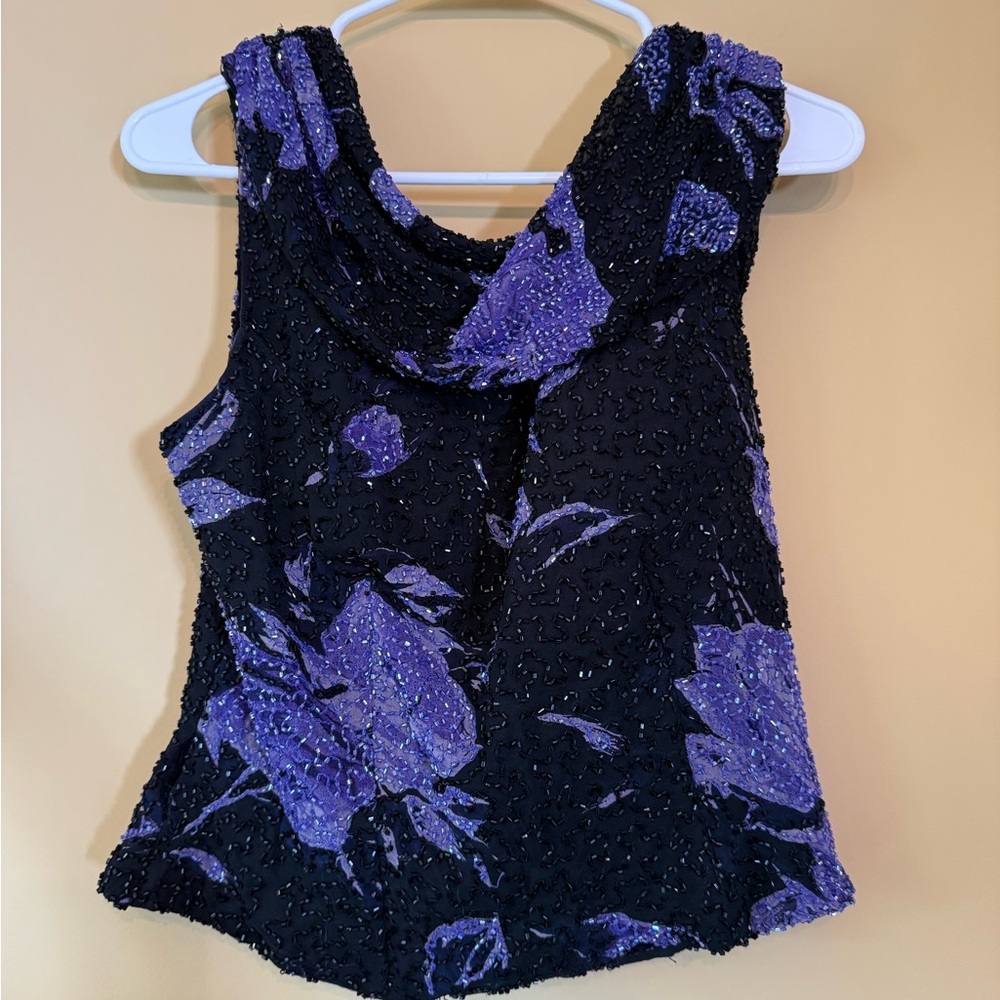 Vintage Cecily Brown Black and Purple Women's Beaded Open Back Top